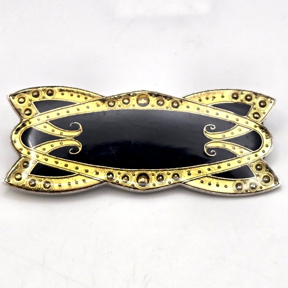Vintage Art Nouveau Black Enamel Gold Tone Scrollwork Brooch Pin 2.5 Inch